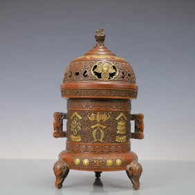 A Solemn Purple copper gilt three-legged eight-jewel incense burner