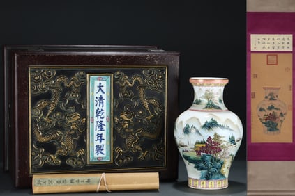 A Rare Famille-Rose Outline in gold Landscape Pattern Vase