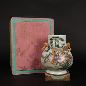 A Rare Famille-Rose Character and Story Pattern Double-Ears Vase
