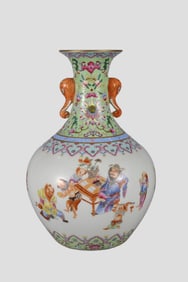 A Rare Famille Rose Gold-Traced Figure Story Pattern Double-Ear Vase