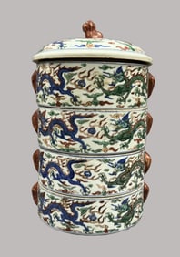 A Rare Blue and White Wucai Dragon Pattern Box