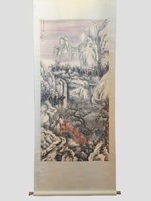 A Chinese Vertical Scroll Ink Painting of Landscape on Paper