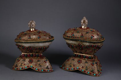 A Rare Copper Gilt Crystal Inlaid with Gemstones Thopa Ritual Bowl Ornament