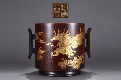 A Rare Red copper body gilt eagle pattern halberd ear tube-style stove
