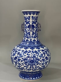 A Rare Blue and White Lotus Pattern Double-Ears Vase