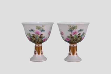 A Pair of Rare Famille Rose Flower & Bird Pattern High-Foot Cups