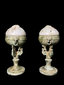 A Pair of Archaic Bronze Censers with Jade Covers