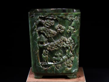 A Exquisite Jade Carved landscape and figure designs brush pot Ornament