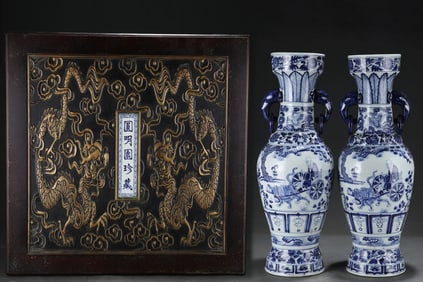 A Rare Blue and White Character and Story Pattern Elephant ears Vase
