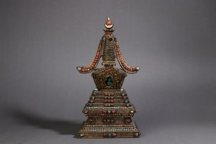 A Rare Pure Silver Inlaid with Gemstones Stupa Ornament