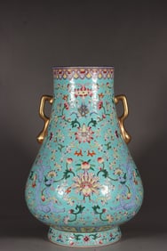 A Rare Famille-Rose Turquoise Lotus Pattern Double-Ears Vase