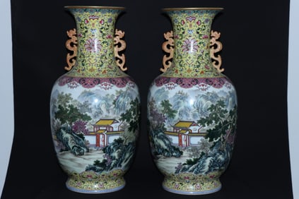 A pair of rare Famille-Rose Landscape Pattern Vase
