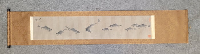 A Chinese Hand Scroll Ink Painting of Fish on Paper