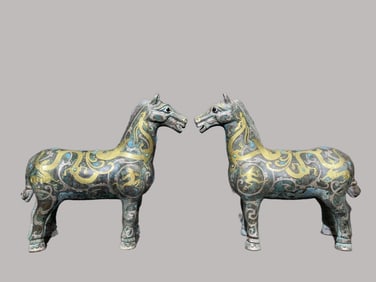 A Pair of Archaic Bronze Horses with Dragon Motifs, Gold Silver Inlay