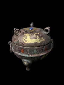 An Archaic Bronze Ding Tripod with Gold Silver Inlay