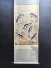 A Chinese Vertical Scroll Ink Painting of Fish on Paper