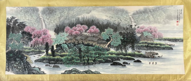 A Chinese Vertical Scroll Ink Painting of Landscape on Silk