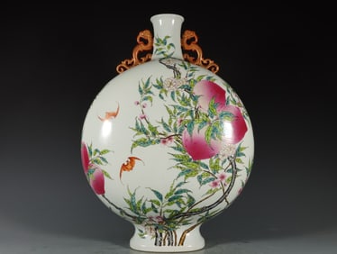 A Rare Famille-Rose Bats and Peach Pattern Double-Ears Vase