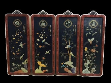 A set of Huge Wooden tire lacquer inlay Baibao four screens, Meilan bamboo chrysanthemum four