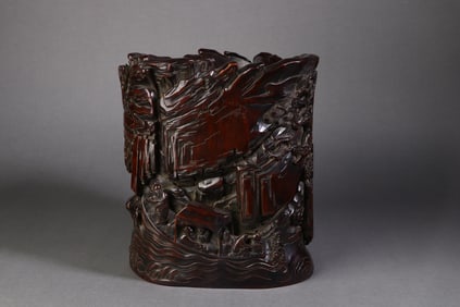 A Rare Sandalwood Figure Story Pattern Brush Pot