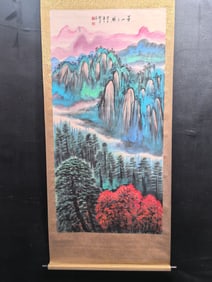 A Chinese Vertical Scroll Ink Painting of Landscape on Paper