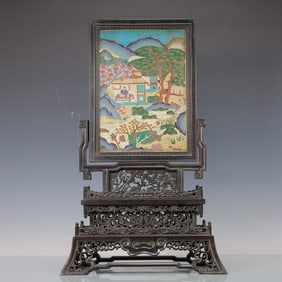 A Huge Zitan wood inlaid with Cloisonne picture screen
