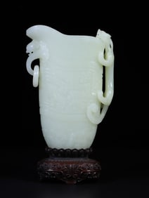 A Exquisite Hetian Jade Carved Dragon and Phoenix Pattern Wine Cup Ornament