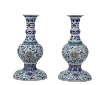 A Pair of Doucai Lotus Flower Pattern candlesticks