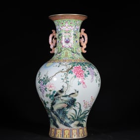 A Rare Famille-Rose Flower and Bird Pattern Double-Ears Vase
