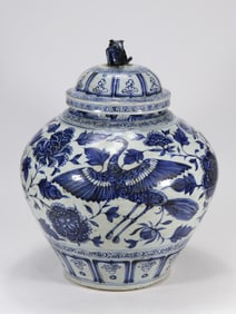 Blue and White Peacock and Flower Pattern Cover Jar