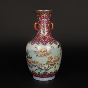 A Rare Famille-Rose Ruby Red-Glazed Figures Pattern Double-Ears Vase