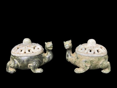 A Pair of Archaic Bronze Tortoise-Form Censers with Jade Covers