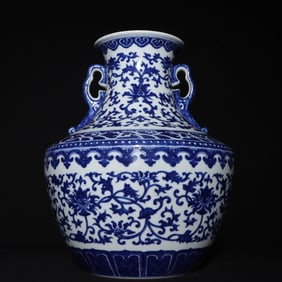 A Rare blue and white Lotus Pattern Double-Ears Vase