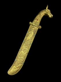 An Archaic Gilt-Bronze Boot Knife with Iron Blade, Horse-Head Pommel