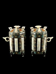 A Pair of Archaic Bronze Octagonal Cups with Jade Gold Silver Inlay