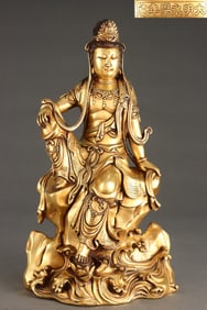 A Rare Red copper body gilt Water Moon Guanyin sitting statue