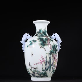 A Rare Enamel Flower and Bird Pattern Double-Ears Vase