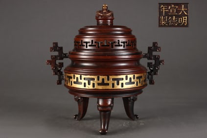 A Rare Red copper body gilt T-pattern halberd ear incense burner