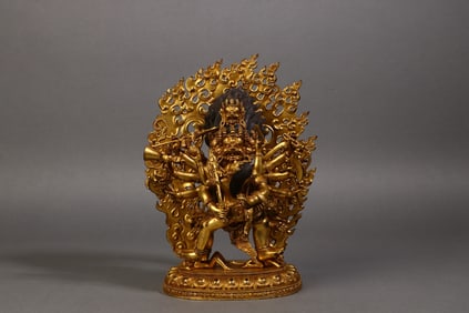 A Rare Copper Gilt Yamantaka Tibetan Buddhist Statue Ornament