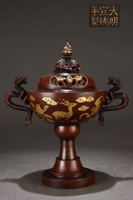 A Rare Red copper body gilt fortune and longevity pattern dragon head ear incense burner