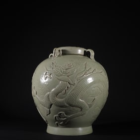 A Rare Yue Kiln Mise Celadon with High Relief Dragon Pattern Jar
