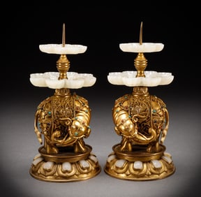 A pair of Exquisite Hetian jade copper gilt gem-inlaid elephant candlestick