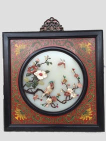 A Rare Zitanwood Inlaid Gems Flower and Bird Pattern Hanging Panel
