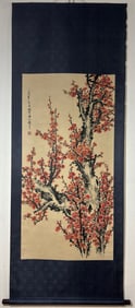 A Chinese Vertical Scroll Ink Painting of Plum blossom on Silk