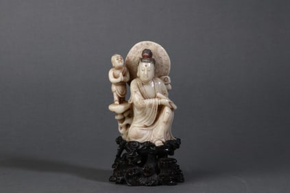 A Rare Shoushan Stone "Child Worshipping Guanyin" Ornament