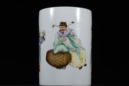A Rare Famille-Rose with poem Figures Pattern Brush Pot