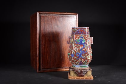 A Rare Blue and White Red Ground Dragon and Phoenix Pattern Vase