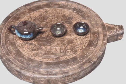 A Rare Bluestone Carved Lotus and Koi Fish Tea Table