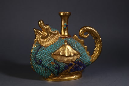 A Rare Copper Gilt Inlaid with Turquoise Fish-Patterned Pot