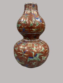 A Rare Blue and White Yellow and Green Glazed Red Ground Crane Pattern Gourd-Shaped Vase